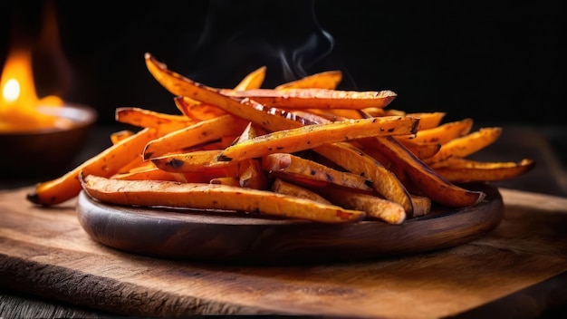 a wooden plate with a pile of fries on it