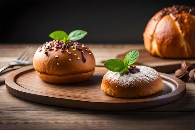 A wooden plate with two buns with red sprinkles and a piece of bread on it.