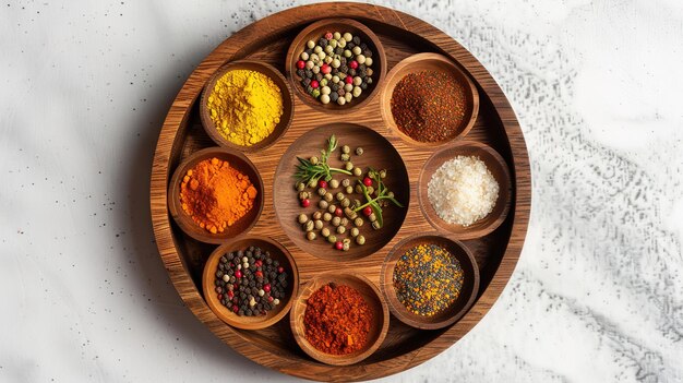 wooden plate with various spices on a table