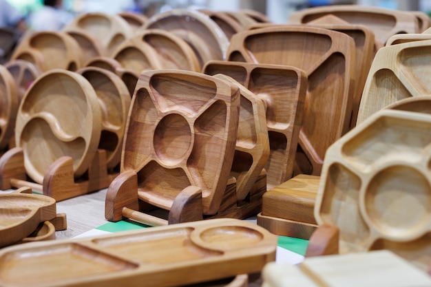 Wooden plates on counter in store