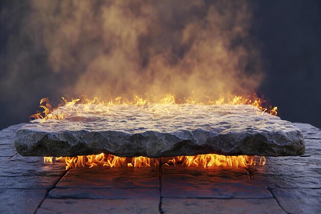 Wooden platform on the background of the fire in the winter