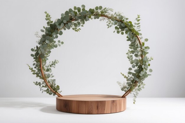 Photo wooden platform decorated with greenery wreath