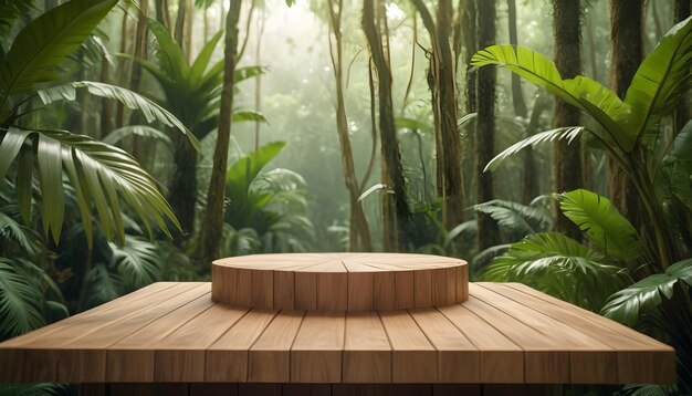 a wooden platform in the forest with a bench and trees in the background