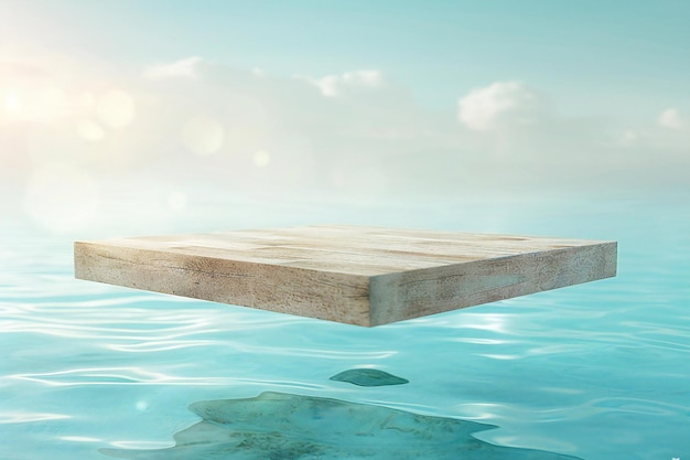 a wooden platform is floating in the water with a sky background