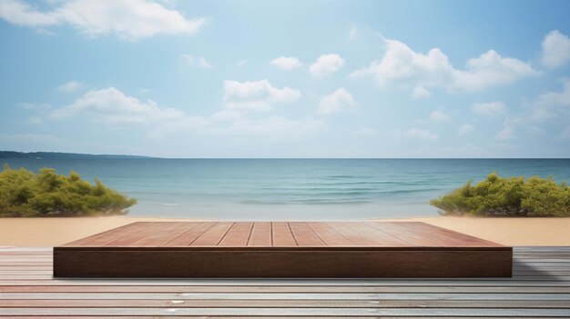 Photo wooden platform podium with a beach in the background photo shot