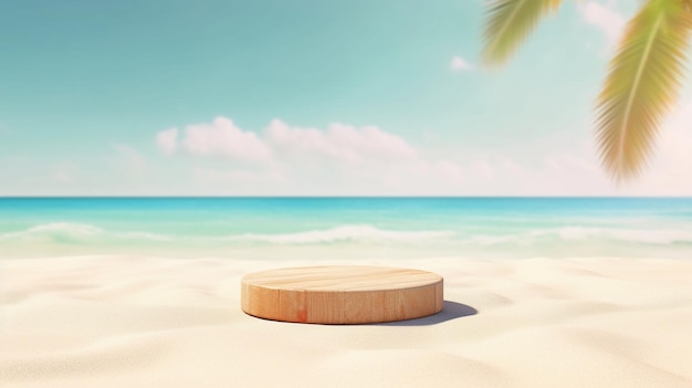 Wooden platform podium with a beach in the background product presentation background