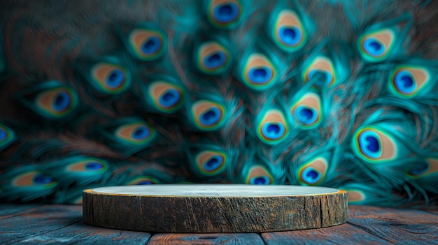 Photo wooden platform with blurred peacock feathers background