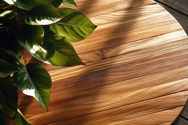 Wooden platform with a large leafy green background