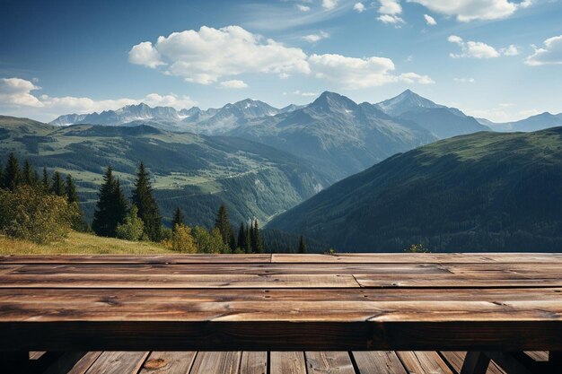 Photo a wooden platform with a mountain in the background