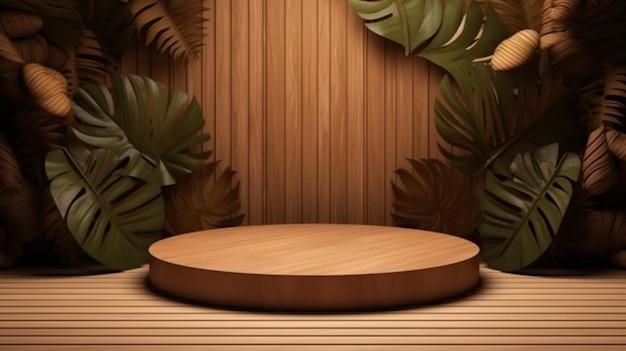 A wooden platform with a plant and a wooden wall generative ai