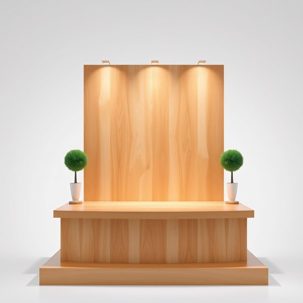 Photo wooden platform with spotlight and plants for product display