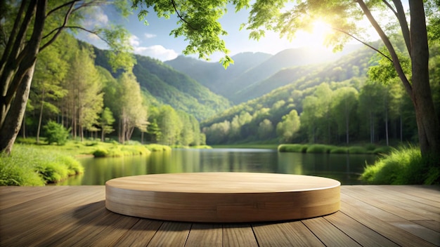 a wooden platform with a wooden circle on the background of a mountain lake