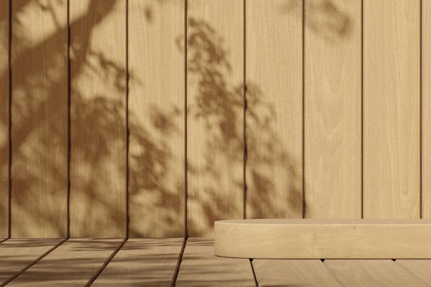 Wooden platform on wooden scene and plants shade on background