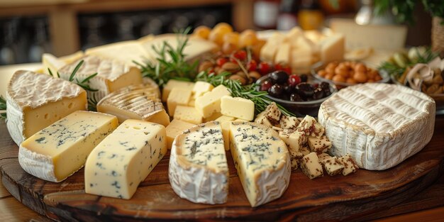 Photo a wooden platter is filled with an assortment of cheese and crackers