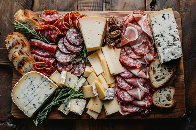 A wooden platter with different types of cheeses and meats on it including bread cheese and meat