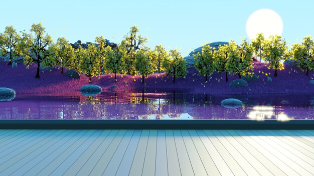 wooden plinth with lake and forest landscape background 3d render