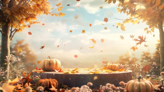 A wooden podium adorned with pumpkins