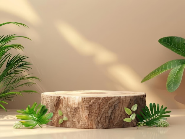 Wooden podium adorned with soothing green foliage