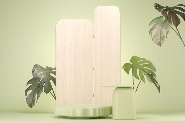 Wooden podium display with pastel green background Nature sun shadow on geometric shapes 3d render