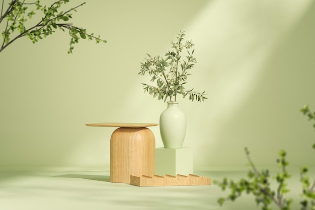 Wooden podium display with pastel green background Nature sun shadow on geometric shapes 3d render