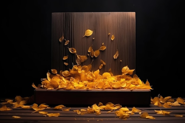 Wooden podium and dried yellow leaves ideal for showcasing perfume jewelry or cosmetic products Autu