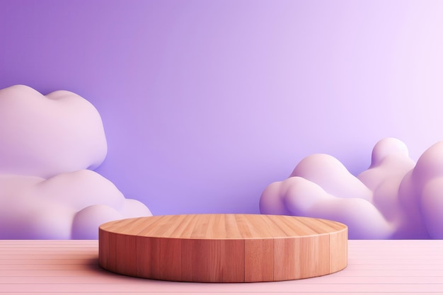 Wooden Podium On Lilac Sky Background Generative AI