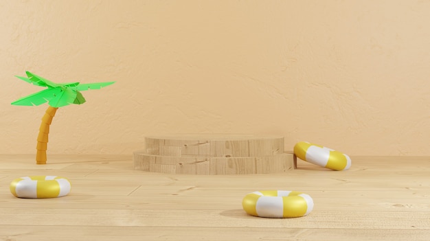 wooden podium in the middle of wooden floor on the beach with float wheels for presentation products summer vacation