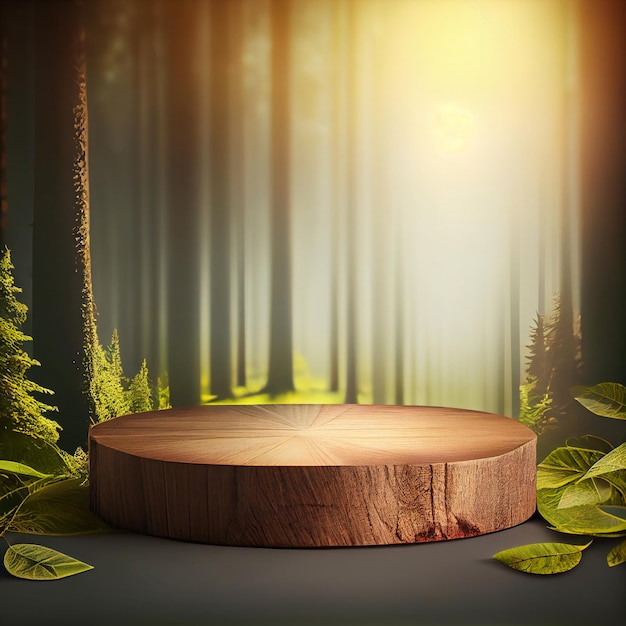 Wooden podium or platform for product presentation display in the forest Generative AI