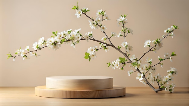 wooden podium for product demonstration with decoration of branches with flowers