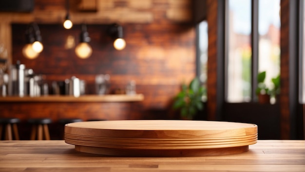 wooden podium for product presentation on blurred coffee shop background