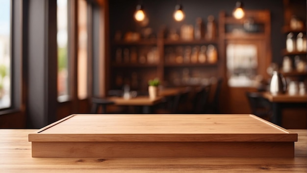 wooden podium for product presentation on blurred coffee shop background