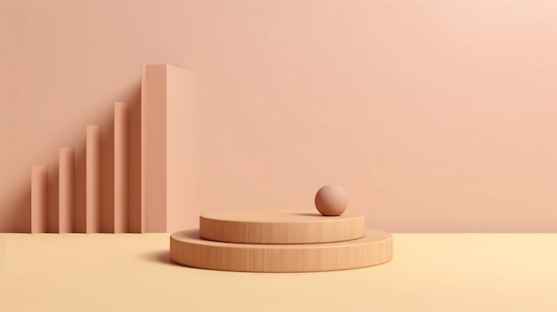 wooden podium for product presentation on pastel bei