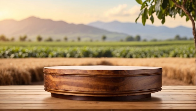 wooden podium for product presentation with blurry coffee field background