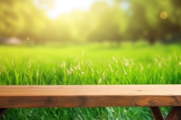 Wooden podium for product with a grass background AI