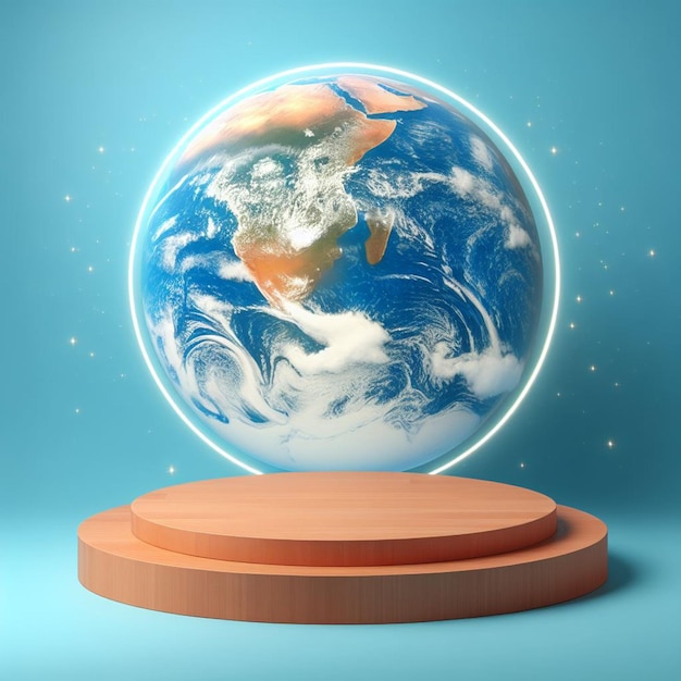 wooden podium for products on a blue background