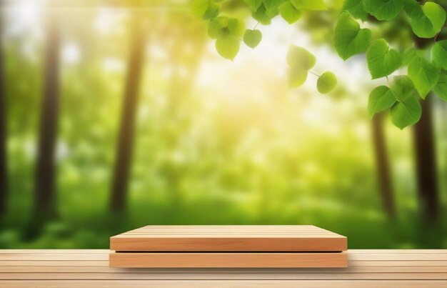 Wooden Podium Stage for Products with nature Bokeh Background