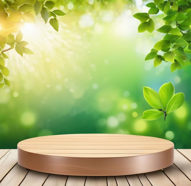 Wooden Podium Stage for Products with nature Bokeh Background