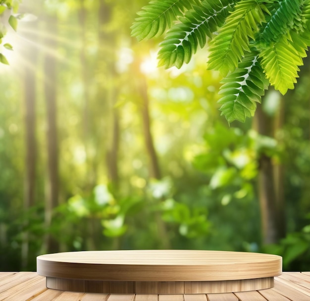 Wooden Podium Stage for Products with nature Bokeh Background