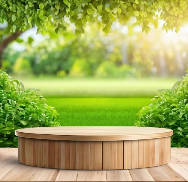 Wooden Podium Stage for Products with nature Bokeh Background