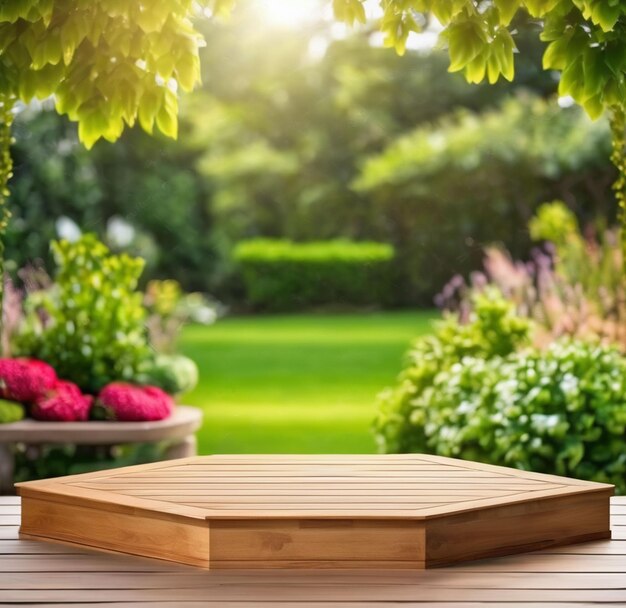 Wooden Podium Stage for Products with nature Bokeh Background