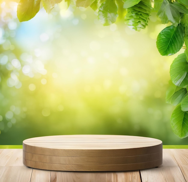 Wooden Podium Stage for Products with nature Bokeh Background