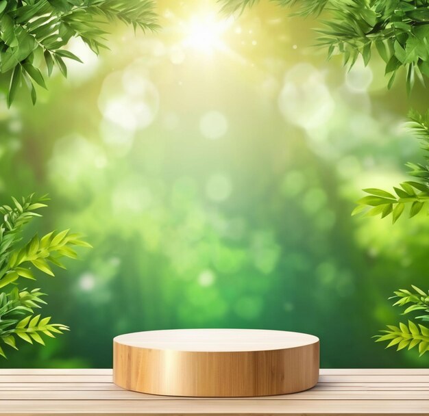 Wooden Podium Stage for Products with nature Bokeh Background