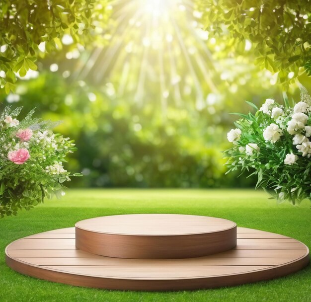 Wooden Podium Stage for Products with nature Bokeh Background