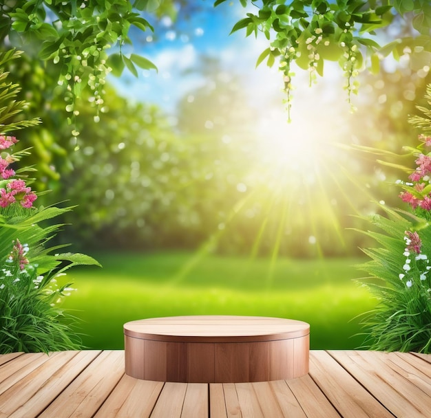 Wooden Podium Stage for Products with nature Bokeh Background