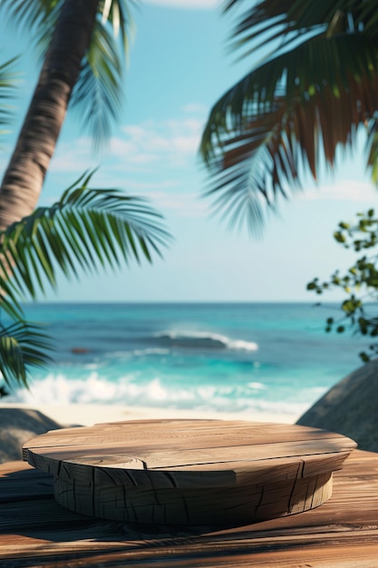 Wooden podium on a summer tropical beach Background for your product design