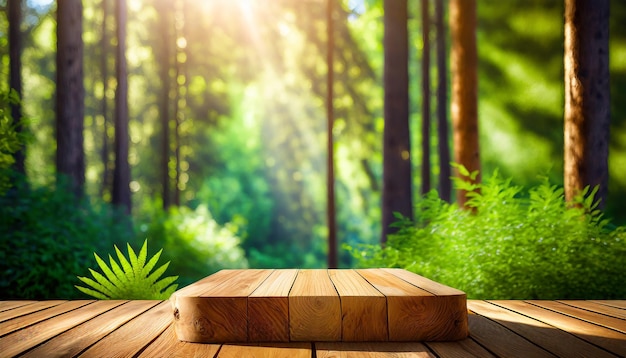 Wooden Podium in a Sunlit Forest Studio an Empty Product Display Stage Amidst the Trees on a Summer