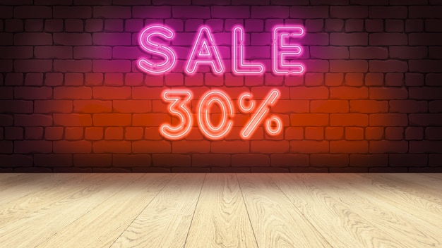 Wooden podium table for displaying your merchandise. Neon sign on brick wall, sale 30 percentages 3d illustration