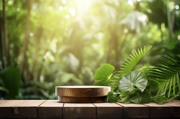 A wooden podium table top is placed outdoors with a blurry background of a lush green monstera trop