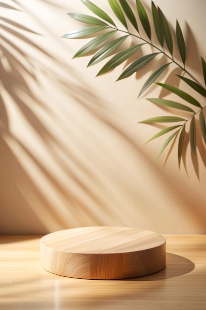 Wooden podium top view with leaves shadows on beige background Showcase for product presentation flat lay banner size