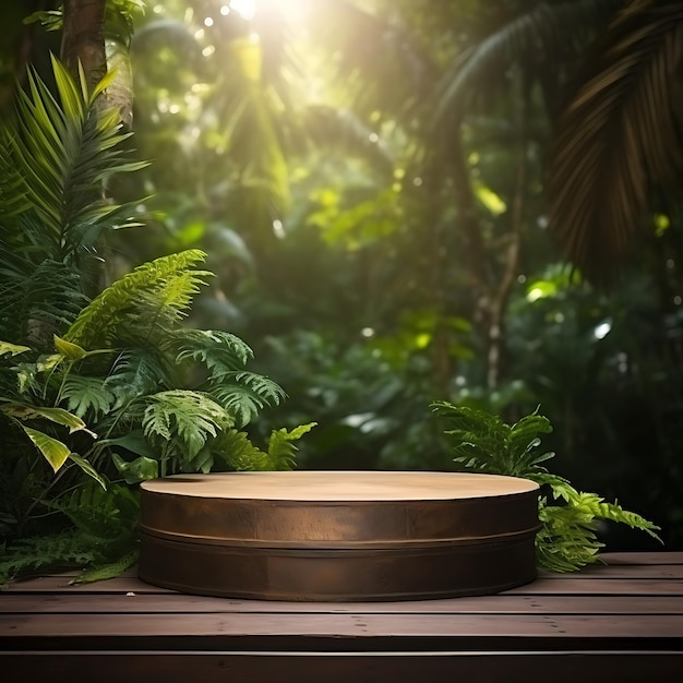 Wooden podium in tropical forest background for product presentation